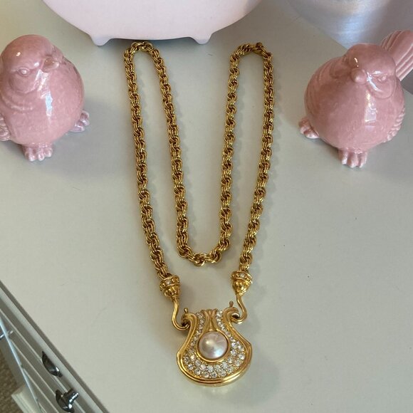 Nolan Miller Vintage Rhinestone & Faux Pearl Necklace 30